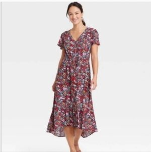 Knox Rose Women's Floral Peasant Button-Up V-Neck High Low Midi Dress Size M
